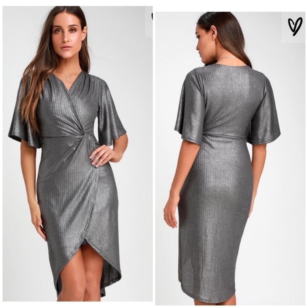 LULUS  CHARCOAL GREY METALLIC MIDI DRESS D45